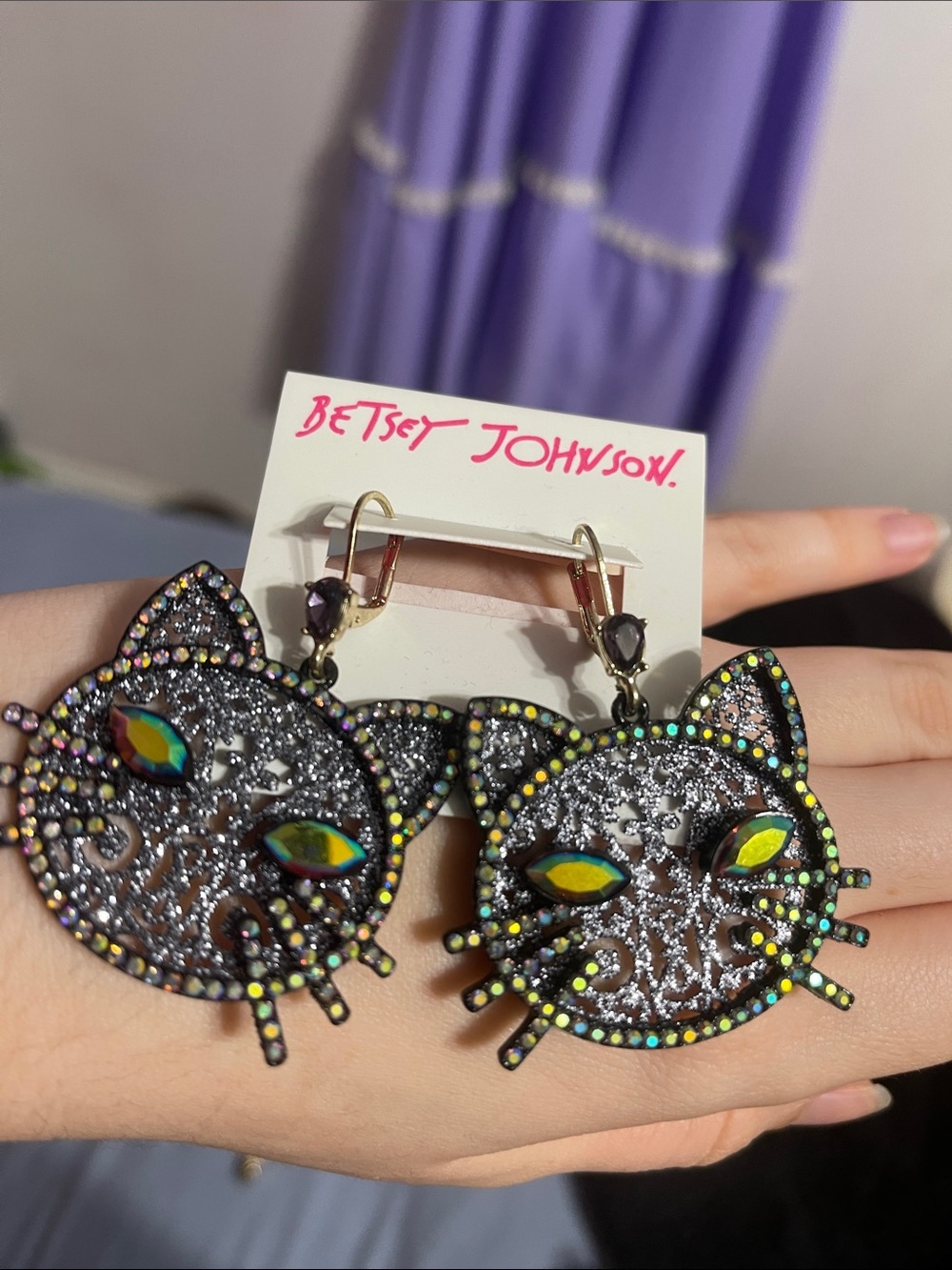 Betsey Johnson Black Cat Face Drop Earrings NWT